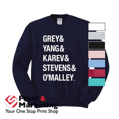 Grey& Yang Karev Stevens O'Malley Thursdays We Watch Grey's crew crewneck