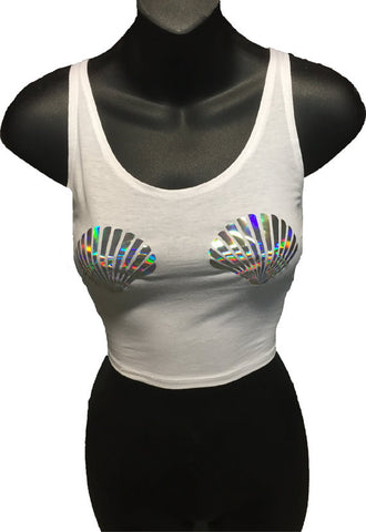 Holographic Mermaid Seashells Crop Top / Bella Canvas Crop Tee / Rave Top / Hologram / Raver Clothes / Mermaid Shell / Festival Clothes