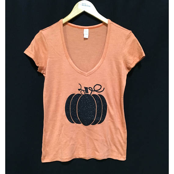 Pumpkin V-neckLadies Tee/ Happy Halloween T-Shirt/ Women's Holiday Tee