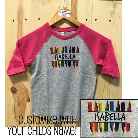 Customizable Name with Colored Pencils Toddler Baseball Fine Jersey Tee