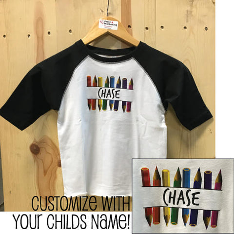 Custom Name with Colored Pencils Toddler Baseball Fine Jersey Tee / Back To School Clothes / Kids Clothing / Personalized / First Day
