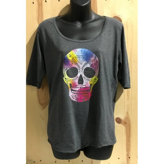 Sugar Skull Colorful Women's Triblend Deep Scoopneck Three-Quarter Sleeve Top