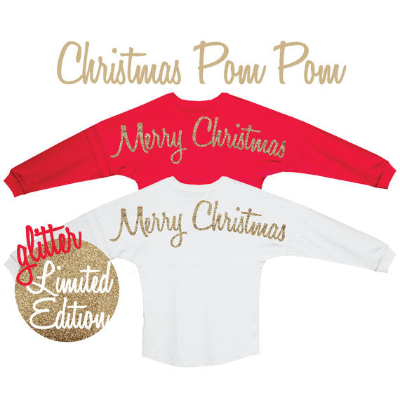 Glitter Merry Christmas Shirt Billboard Jersey / Pom Pom Shirt / Merry Christmas / Glitter Spirit Wear / Glitter Pom Pom