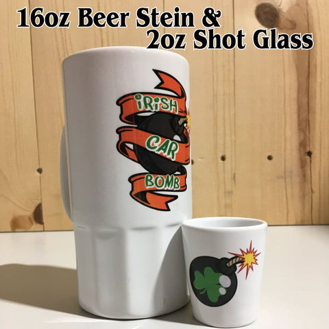 Irish Car Bomb 16oz Ceramic Beer Stein & 2oz Shot Glass Combo Set St Patrick's Day Shot Glass Holiday Glasses