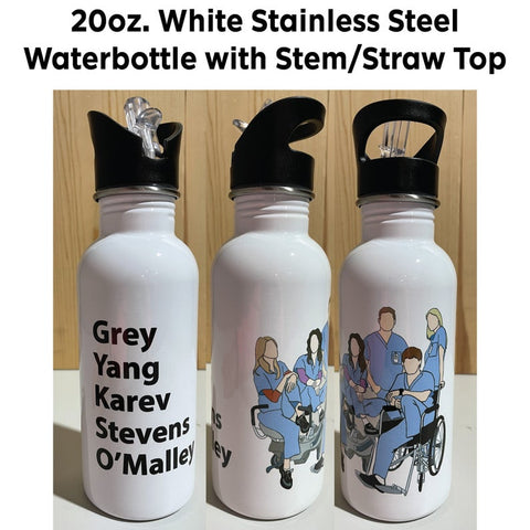 Greys Intern Characters 20oz Stainless Steel Water Bottle Clear w/ Straw Top Greys Anatomy Waterbottle